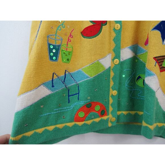 The Quacker Factory Large A Day At The Pool Cardigan Button Front Yellow Green - Picture 4 of 9